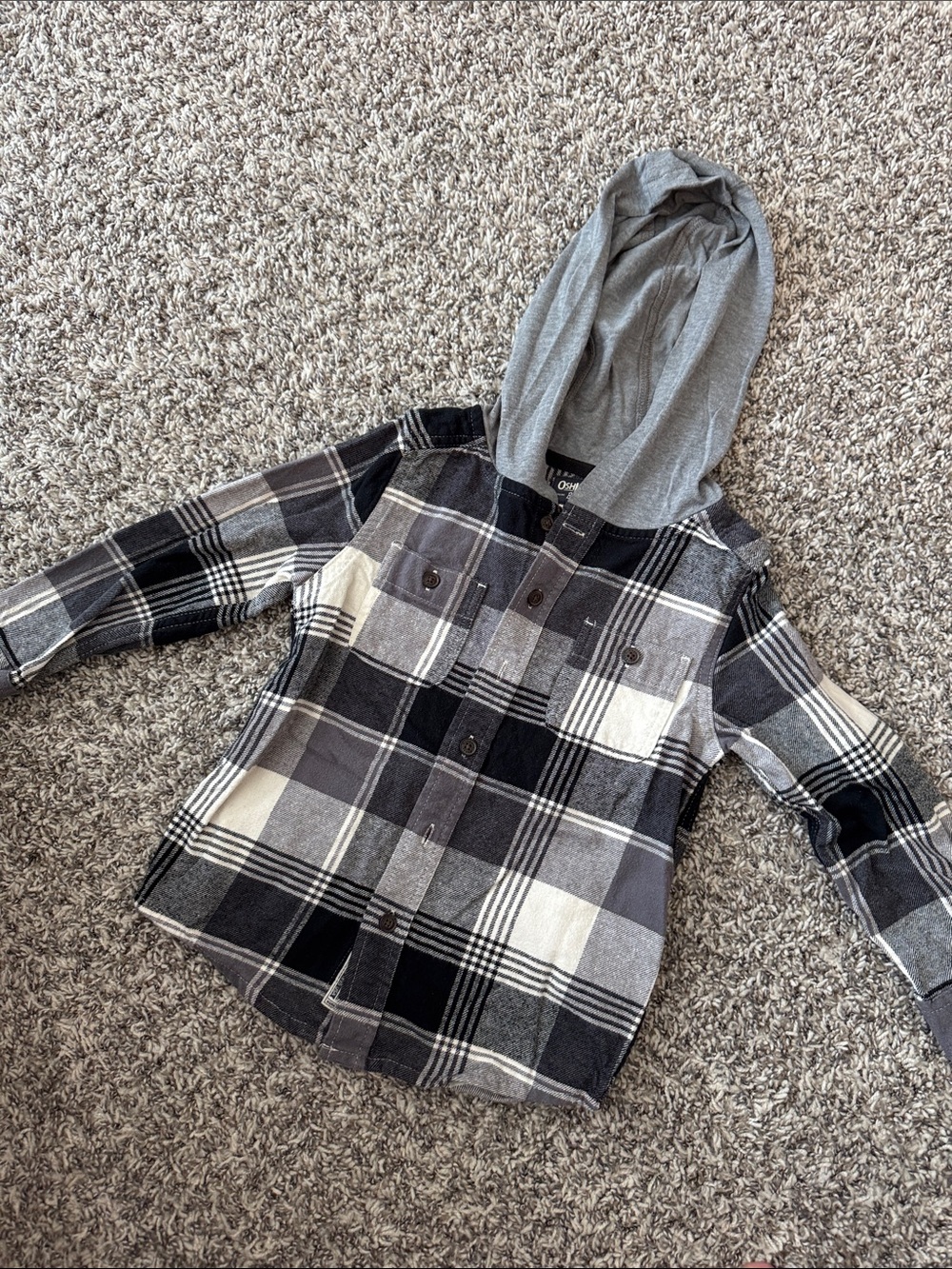 OshKosh B'gosh Black Gray Plaid Button-Down Hoodie Shirt